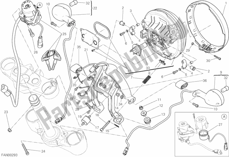 All parts for the Headlight of the Ducati Scrambler Sixty2 Thailand USA 400 2017